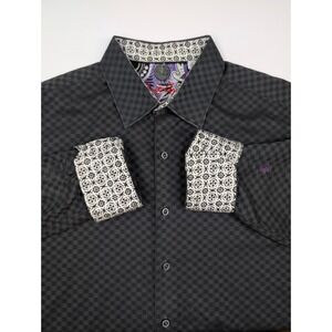 Robert Graham Button Shirt Mens 2XL‎  Black Checkered Print Contrast Flip Cuff